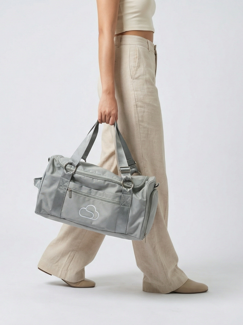 Skylaris Wanderer Duffel in Stone, front view, premium travel duffel bag