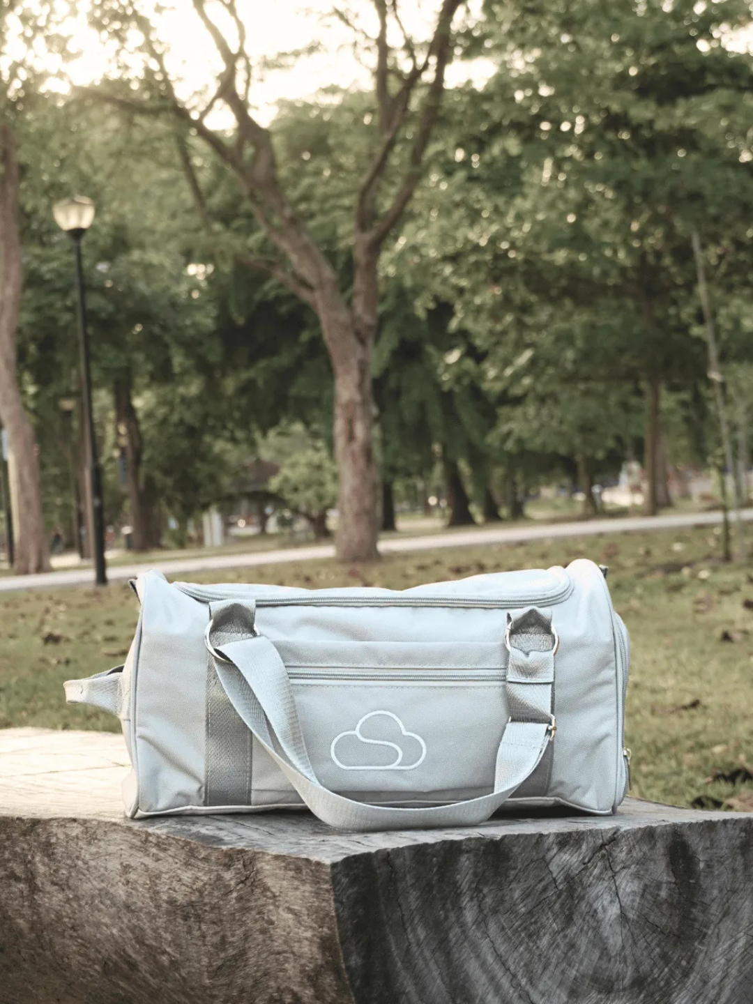 Skylaris Wanderer Duffel in Stone on a log in a park setting 